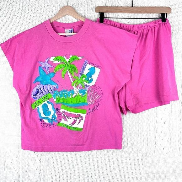 Vintage 90s Sears Vacation Beach Top Shorts Set Barbie Pink size Large - Picture 1 of 10